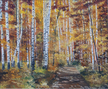 Malarstwo zatytułowany „Jesienna alejka brz…” autorstwa Jerzy Kosinski, Oryginalna praca, Olej Zamontowany na Drewniana rama…