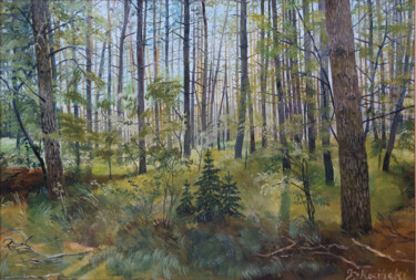 Painting titled "Poranek w lesie" by Jerzy Kosinski, Original Artwork, Oil Mounted on Wood Stretcher frame