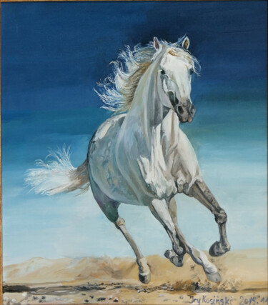 Malarstwo zatytułowany „Siwy kon w galopie” autorstwa Jerzy Kosinski, Oryginalna praca, Olej Zamontowany na Drewniana rama n…