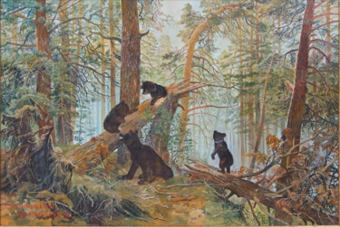 Painting titled "Poranek w lesie - k…" by Jerzy Kosinski, Original Artwork, Oil Mounted on Wood Stretcher frame