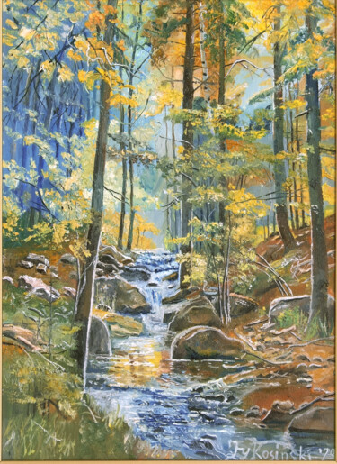 Malarstwo zatytułowany „Leśny potok” autorstwa Jerzy Kosinski, Oryginalna praca, Olej Zamontowany na Drewniana rama noszy