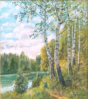 Peinture intitulée "Brzozy nad rzeką" par Jerzy Kosinski, Œuvre d'art originale, Huile Monté sur Châssis en bois