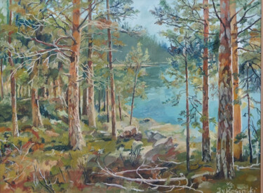 Malarstwo zatytułowany „Las nad jeziorkiem” autorstwa Jerzy Kosinski, Oryginalna praca, Olej Zamontowany na Drewniana rama n…
