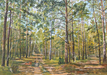 Картина под названием "Dwie drogi w lesie" - Jerzy Kosinski, Подлинное произведение искусства, Масло Установлен на Деревянна…