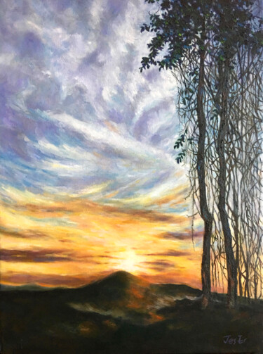 Malerei mit dem Titel "Sunrise by the trees" von Jesline Er, Original-Kunstwerk, Öl