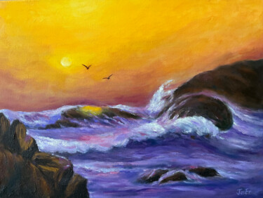 Malerei mit dem Titel "Sunset waves" von Jesline Er, Original-Kunstwerk, Öl Auf Keilrahmen aus Holz montiert
