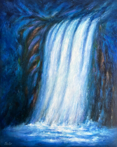 Painting titled "Dreamy waterfall #3" by Jesline Er, Original Artwork, Oil Mounted on Wood Stretcher frame