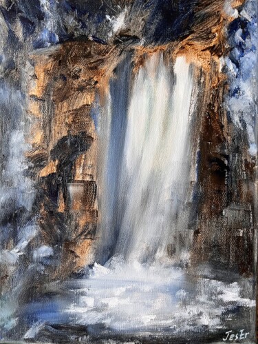 Painting titled "Dreamy waterfall #1" by Jesline Er, Original Artwork, Oil Mounted on Wood Stretcher frame