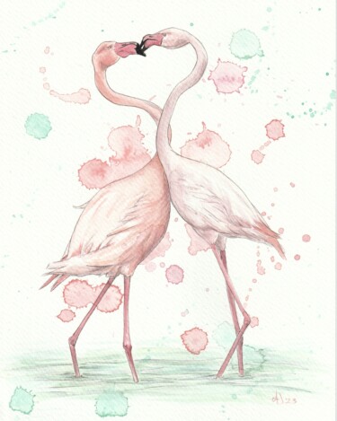 「Flamingo's kiss」というタイトルの絵画 Jessica Alteraによって, オリジナルのアートワーク, 水彩画
