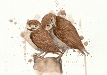 Peinture intitulée "Wild life - owls in…" par Jessica Altera, Œuvre d'art originale, Aquarelle