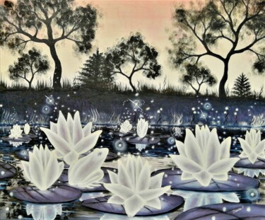 Peinture intitulée "Lotus de lumière" par Jessie Poitras (La Panthère Blanche JP), Œuvre d'art originale, Huile Monté sur Ch…
