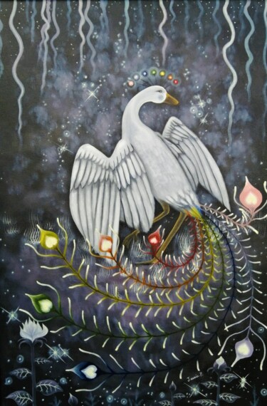 Peinture intitulée "Rosellia, l'oiseau…" par Jessie Poitras (La Panthère Blanche JP), Œuvre d'art originale, Huile Monté sur…