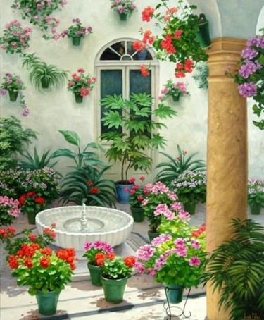 Pintura titulada "patio andaluz con f…" por Jesús Fernández, Obra de arte original, Oleo