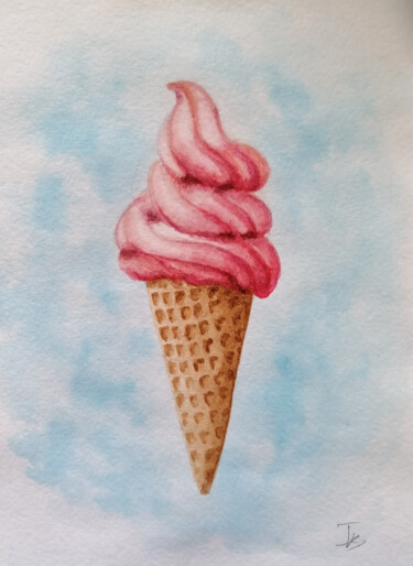 Painting titled "Pink ice cream" by Jevika, Original Artwork, Watercolor