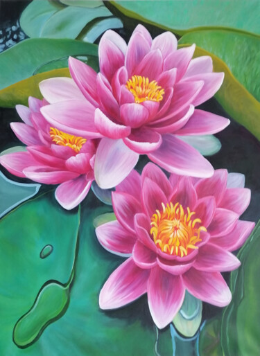 Schilderij getiteld "Pink flowers - wate…" door Jevika, Origineel Kunstwerk, Olie