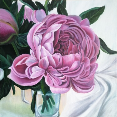 Painting titled "Pink flowers - Peon…" by Jevika, Original Artwork, Oil