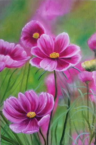 Peinture intitulée "Pink flowers - cosm…" par Jevika, Œuvre d'art originale, Huile Monté sur Carton