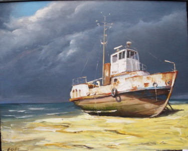 Peinture intitulée "Кораблик на берегу" par Michael Slutsker, Œuvre d'art originale, Huile