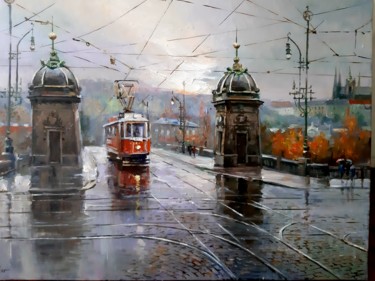 Peinture intitulée "Утренний трамвай" par Michael Slutsker, Œuvre d'art originale, Huile