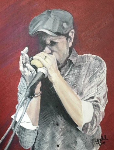 Painting titled "le prof d'harmonica" by Jean-Francois Jehl, Original Artwork, Oil Mounted on Cardboard