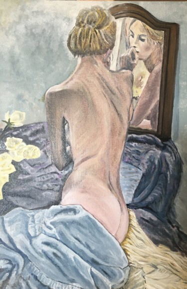 Peinture intitulée "nue à sa glace" par Jean-Francois Jehl, Œuvre d'art originale, Huile Monté sur Carton