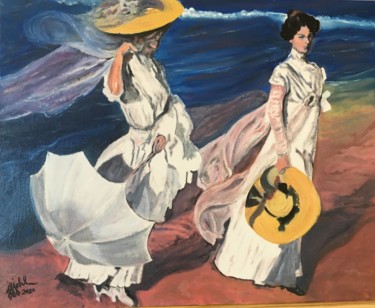 Pintura intitulada "sur la plage à Deau…" por Jean-Francois Jehl, Obras de arte originais, Óleo Montado em Cartão