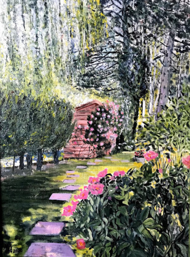 Painting titled "Ma cabane au jardin" by Jean-Francois Jehl, Original Artwork, Oil Mounted on Cardboard
