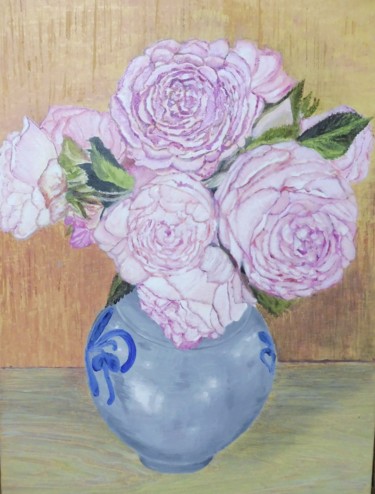 Painting titled "Les roses pivoines" by Jean-Francois Jehl, Original Artwork, Oil Mounted on Cardboard