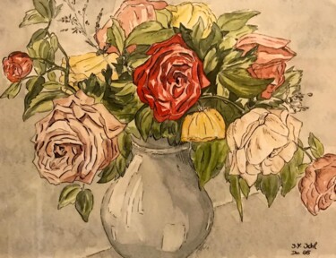 Painting titled "roses fanées" by Jean-Francois Jehl, Original Artwork, Watercolor