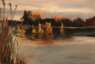 Peinture intitulée ""calme sur l'étang"" par Jean-Francois Jehl, Œuvre d'art originale, Pastel