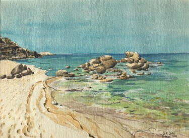 Pintura intitulada "sur la plage de Roc…" por Jean-Francois Jehl, Obras de arte originais, Aquarela
