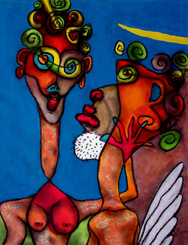 Peinture intitulée "Gardienne de l'Ange…" par Jf C20, Œuvre d'art originale, Encre