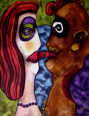 Peinture intitulée "Le baiser amoureux.…" par Jf C20, Œuvre d'art originale, Encre