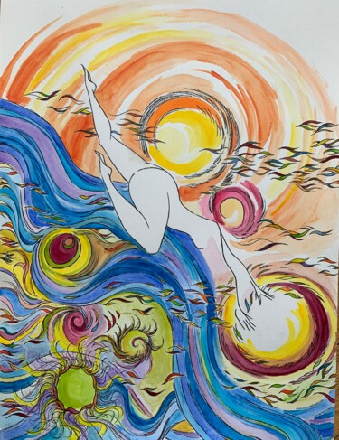Disegno intitolato "Plongeon" da Justine Guyomard, Opera d'arte originale, Acquarello
