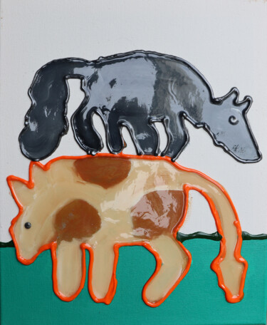 Картина под названием "two cows painting" - Jhoan Roa, Подлинное произведение искусства, Акрил