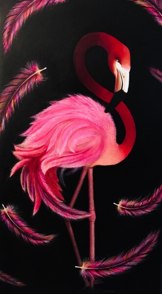 Painting titled "Flamingo" by Ji Aime Art, Original Artwork, Oil Mounted on Wood Stretcher frame