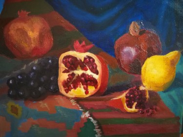 Painting titled "Fruit and tablecloth" by Jiaming Wang, Original Artwork, Oil