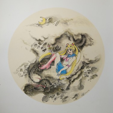 Malarstwo zatytułowany „美少女战士与龙” autorstwa Jianxing Li, Oryginalna praca, Akwarela