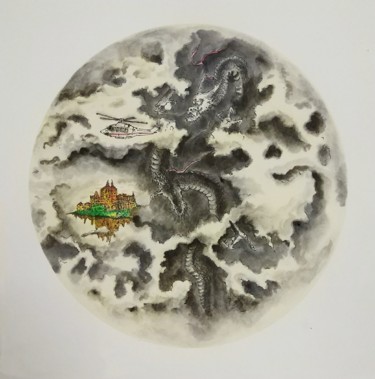 Картина под названием "致敬宫崎骏~天空之城" - Jianxing Li, Подлинное произведение искусства, Акварель Установлен на картон