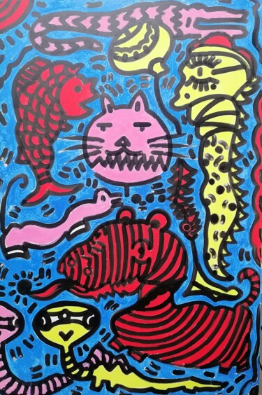 Malarstwo zatytułowany „猫与鱼” autorstwa Jianxing Li, Oryginalna praca, Akryl