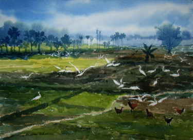 Painting titled "Landscape" by Jiaur Rahman, Original Artwork, Watercolor