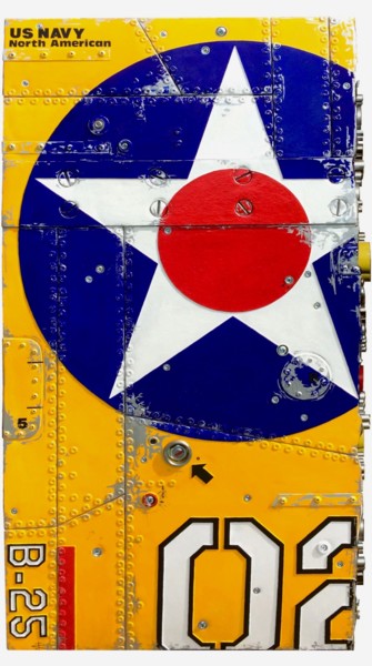 Sculpture titled "BOMBER YELLOW B-25…" by Jerome Chauvin (JICE), Original Artwork, Acrylic Mounted on Wood Stretcher frame