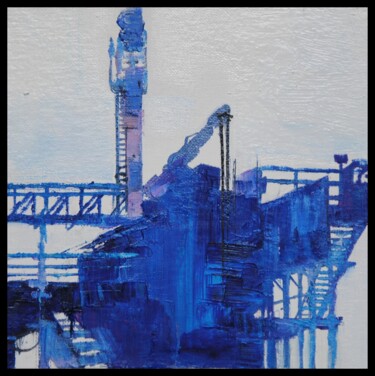 Painting titled "Bleu pétrole" by Jicé, Original Artwork, Oil Mounted on Cardboard