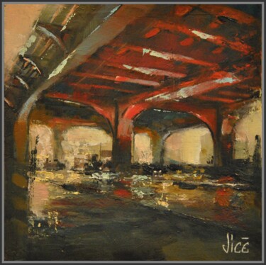 Painting titled "Le pont rouge" by Jicé, Original Artwork, Oil Mounted on Cardboard