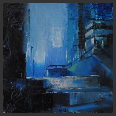 Painting titled "City blue" by Jicé, Original Artwork, Oil Mounted on Cardboard
