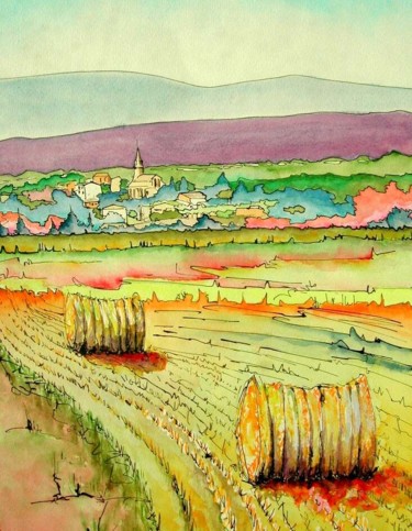 Painting titled "MOISSONS - MARCHES…" by Jean-Claude Waelput (Jicé), Original Artwork, Watercolor Mounted on Wood Panel