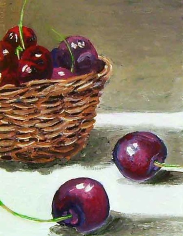Schilderij getiteld "cherries and basket" door Jiddje, Origineel Kunstwerk, Olie
