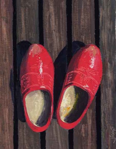 Schilderij getiteld "wooden shoes" door Jiddje, Origineel Kunstwerk, Olie