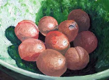 Schilderij getiteld "Plums in green dish" door Jiddje, Origineel Kunstwerk, Olie