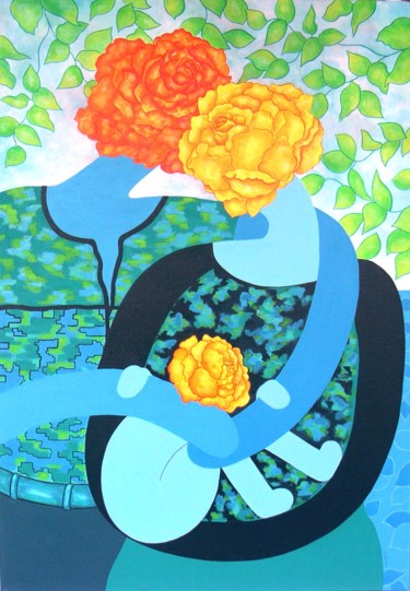Pittura intitolato "Couple de roses ave…" da Jocelyne Deschamps-Kus, Opera d'arte originale, Acrilico Montato su Telaio per…